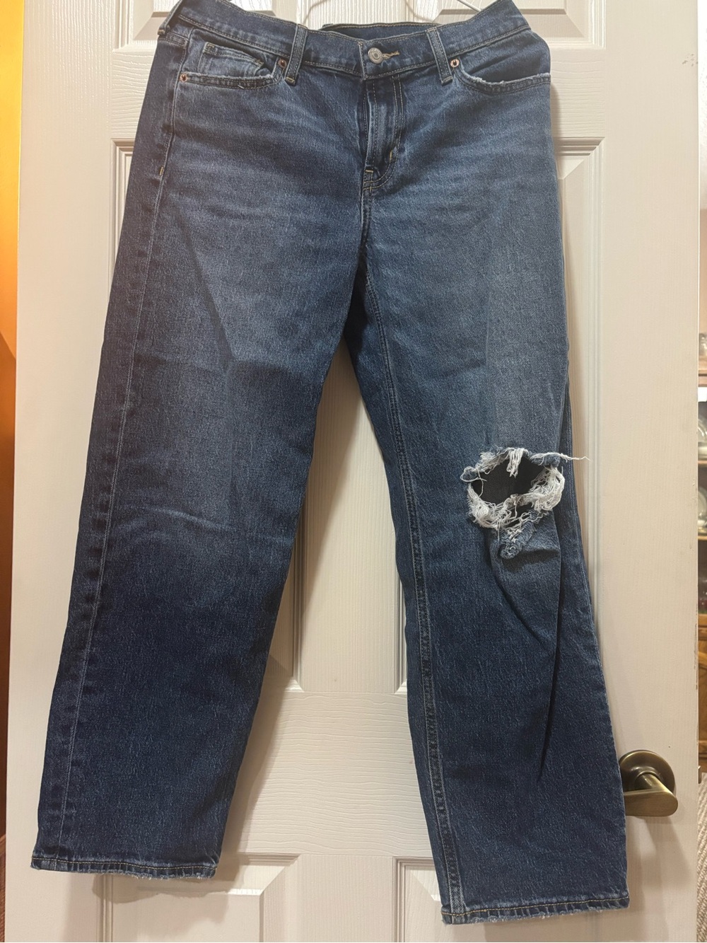 Old Navy Women's Boyfriend Jeans in Dark Blue with Distressed Knee